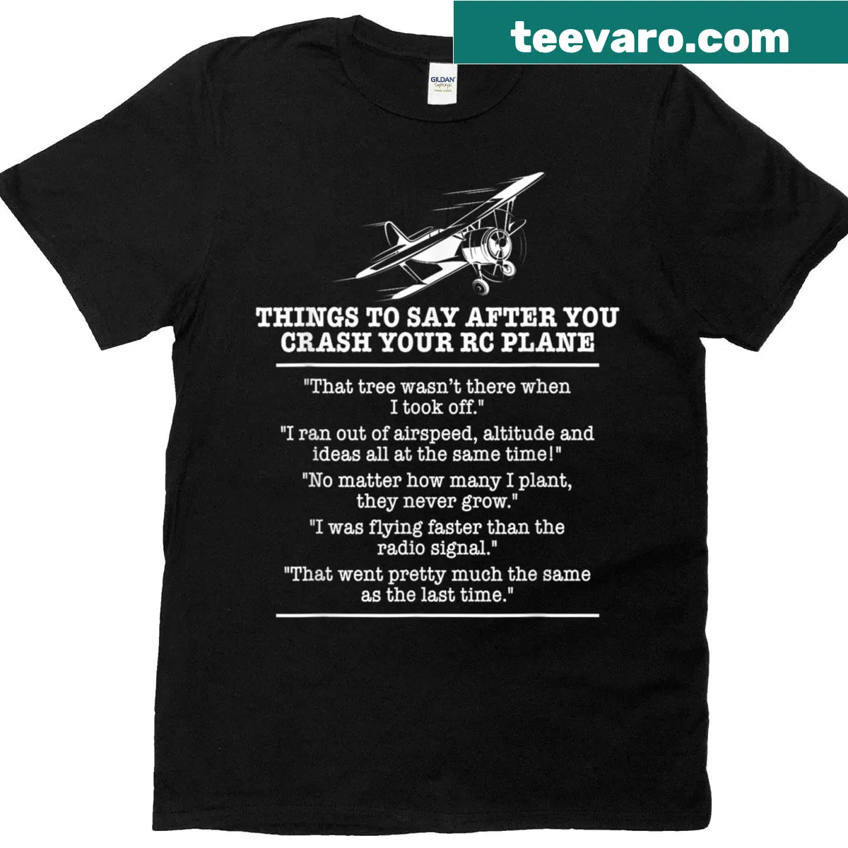 Graphic design celebrating RC airplane piloting and flying hobbies — on a men's t-shirt