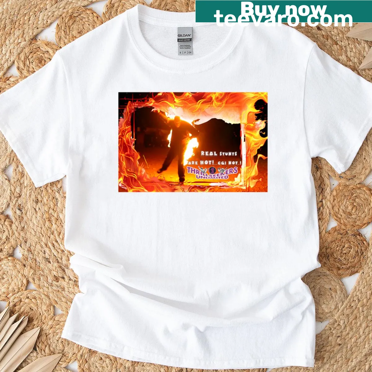 Bold typography 'Real Stunts Are Real' on a T-shirt — on a men's t-shirt