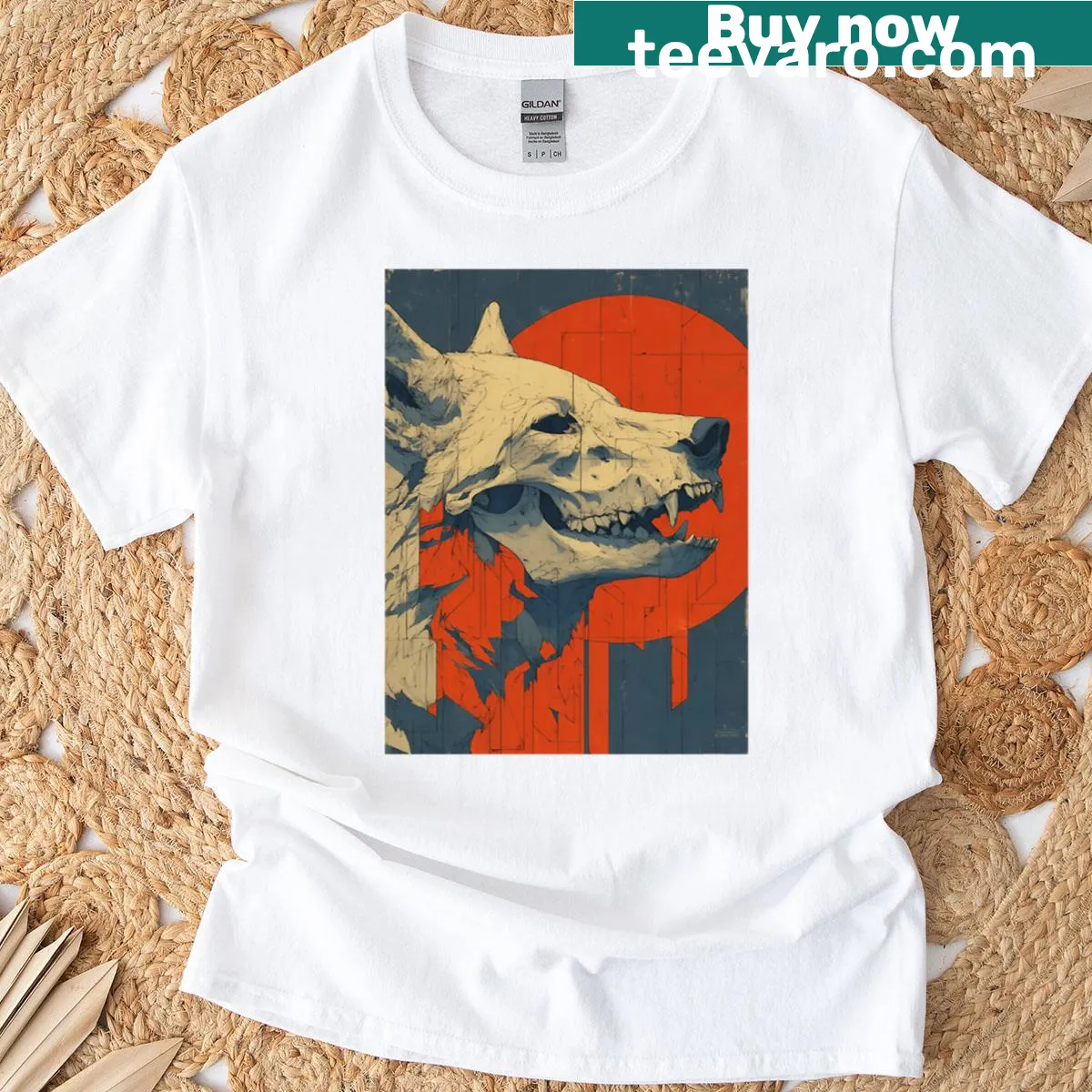 Illustrated wolf howling at a red moon on an oversized t-shirt — on a men's t-shirt