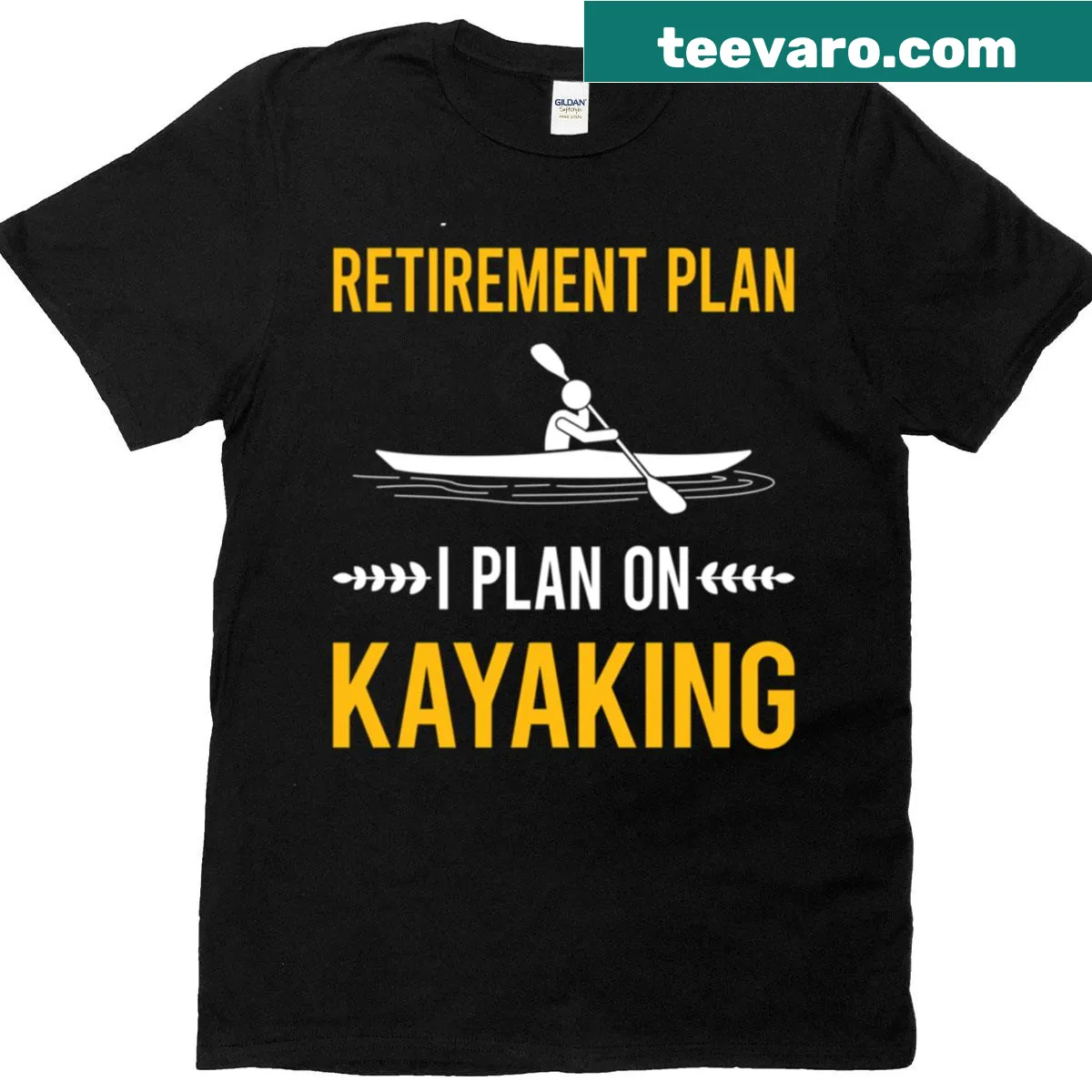 Kayaking themed t-shirt with illustration of a kayak and paddles — on a men's t-shirt