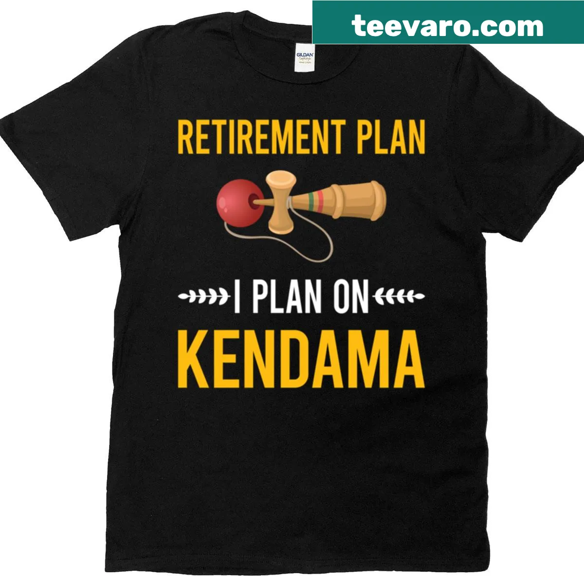 Illustrated kendama design with funny retirement plan text — on a men's t-shirt