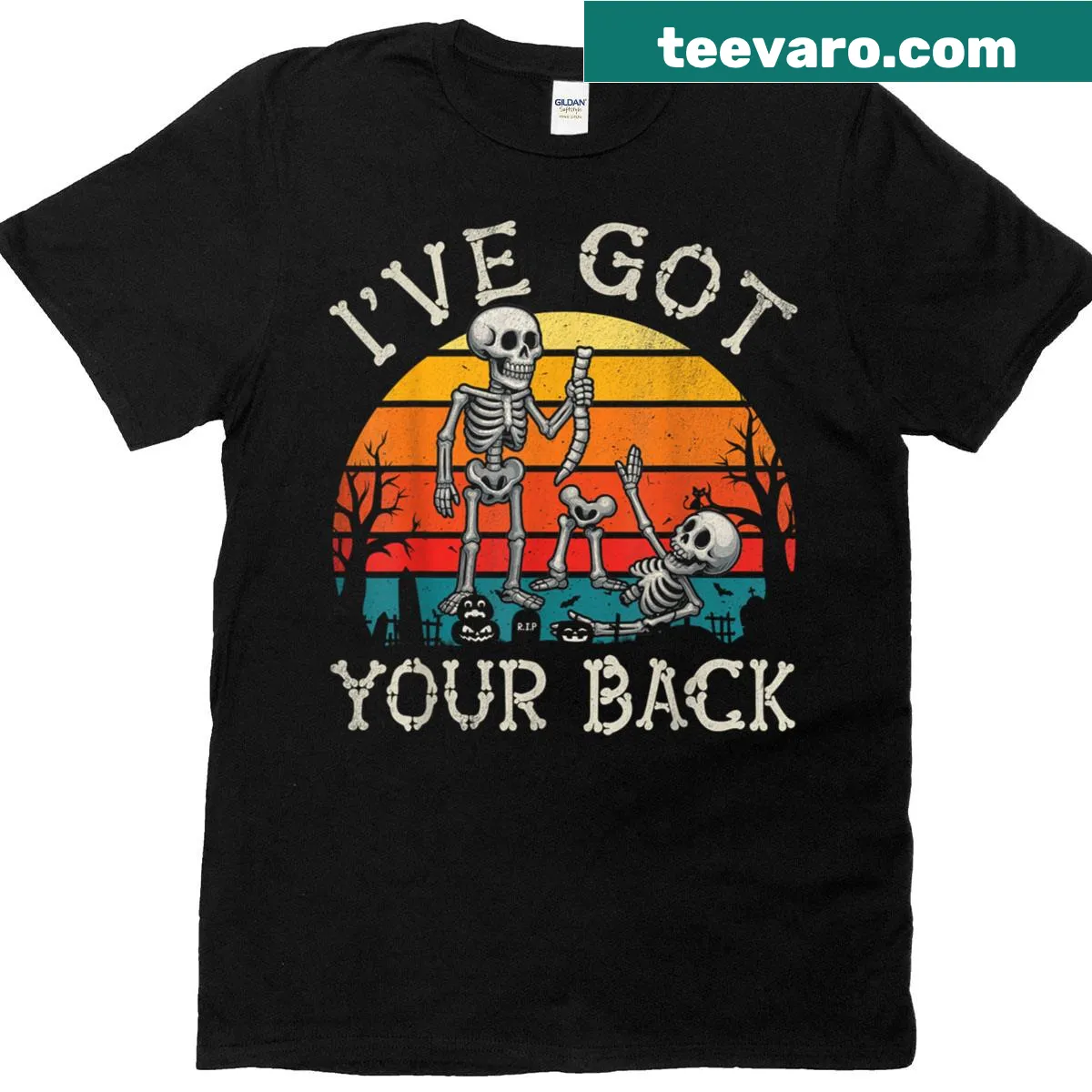 Cartoon skeleton design with text 'I've Got Your Back' on t-shirt — on a men's t-shirt