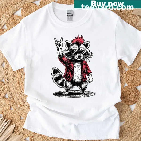 Cartoon raccoon playing music in a punk style on a t-shirt