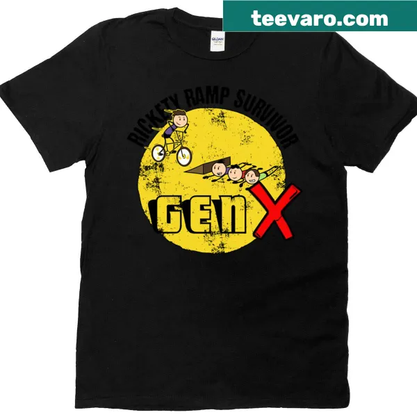 Cartoon graphic of a jump from a rickety ramp on a t-shirt
