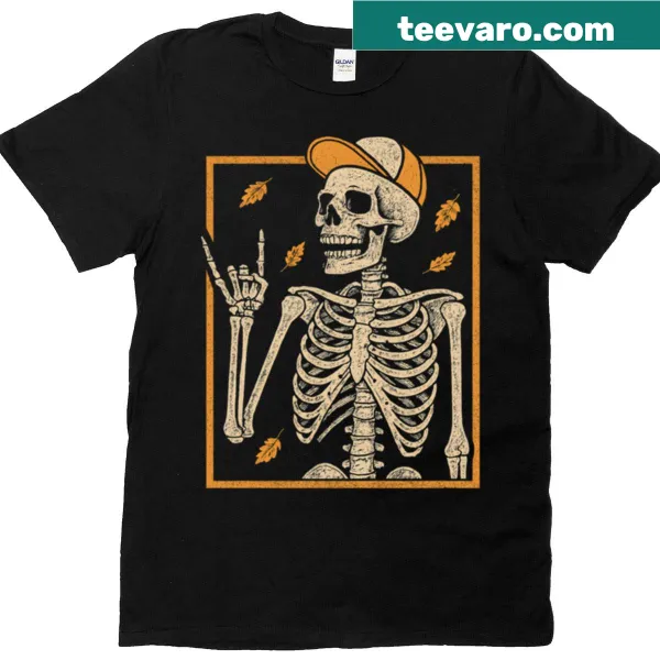 Skeleton with guitar graphic surrounded by autumn leaves
