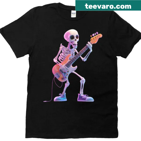 Cartoon graphic of a skeleton playing bass guitar