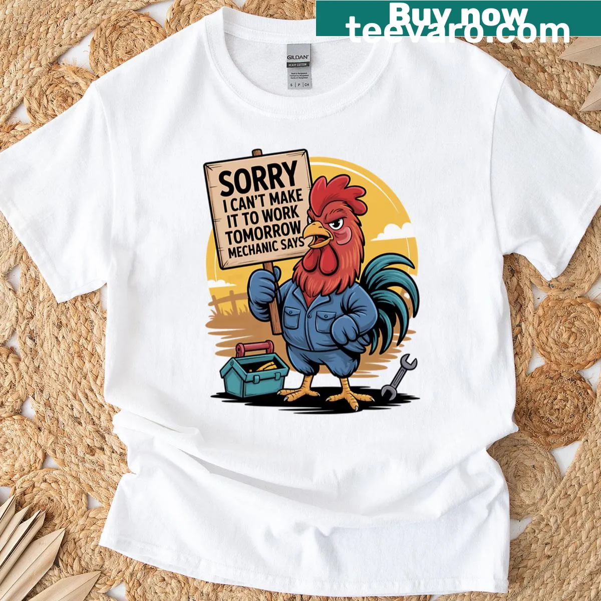 Funny T-shirt with a rooster graphic and humorous work excuse text — on a men's t-shirt