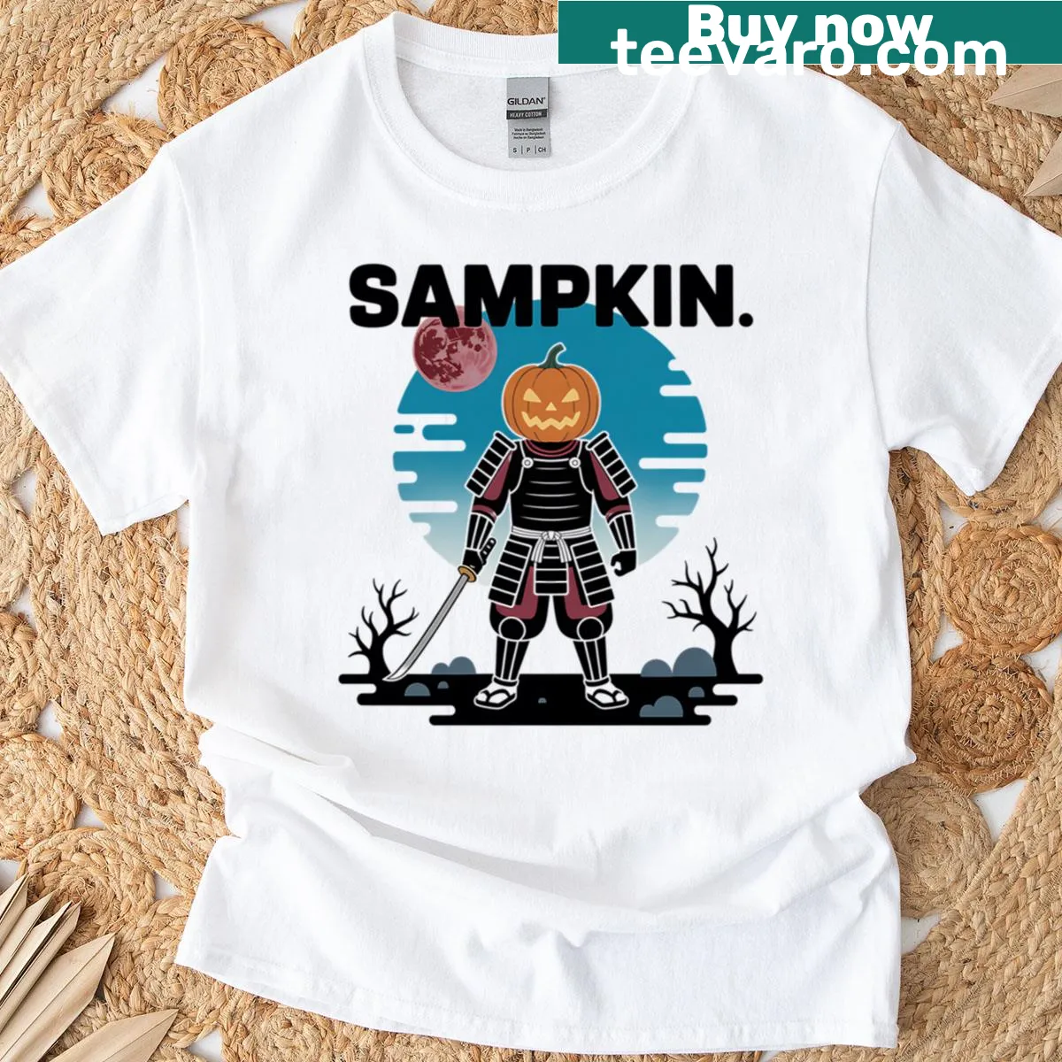 Illustration of a samurai under a pumpkin moon on a t-shirt — on a men's t-shirt