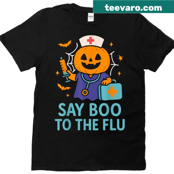 Halloween-themed nurse T-shirt with pumpkin and flu vaccination message