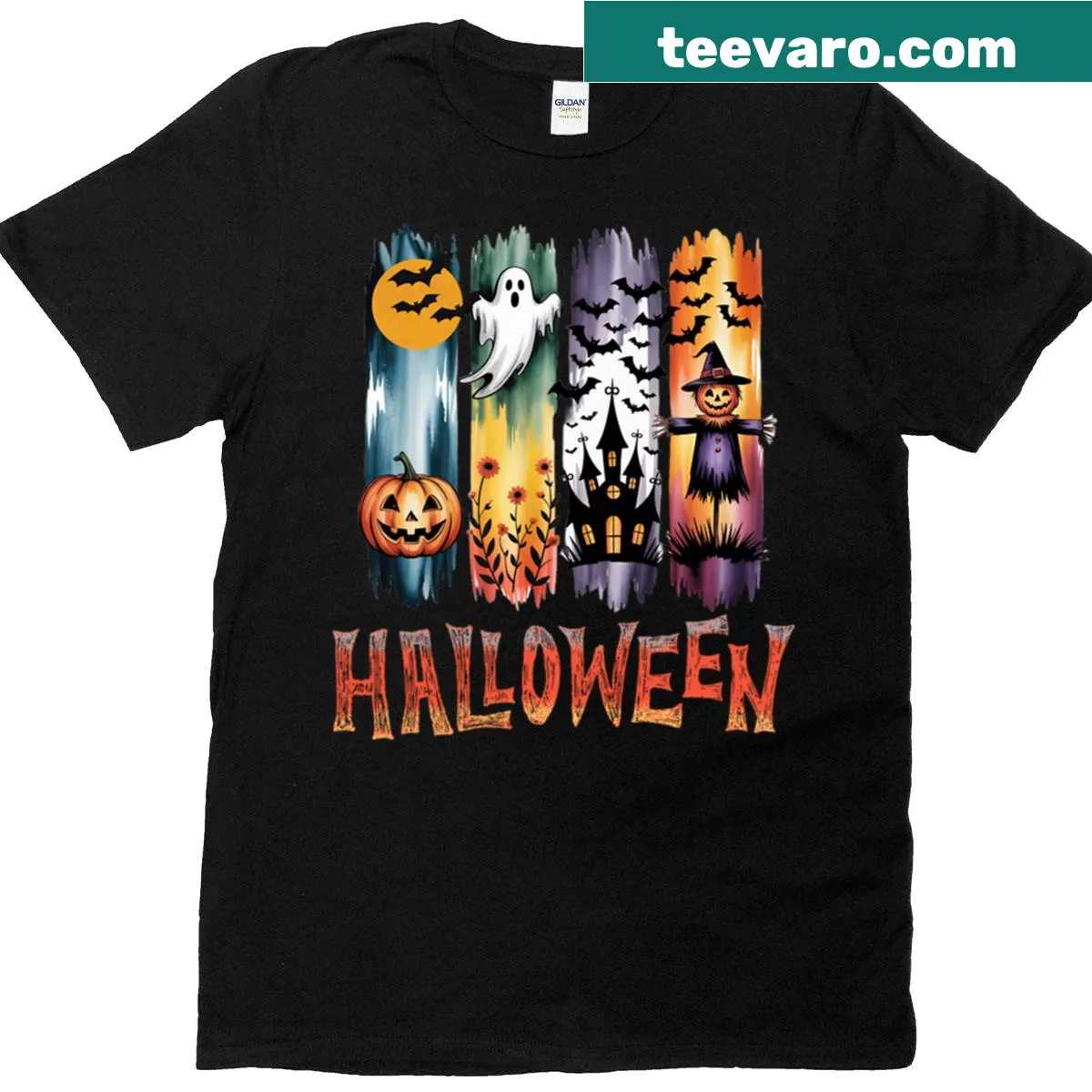 Halloween-themed t-shirt featuring various spooky illustrations — on a men's t-shirt