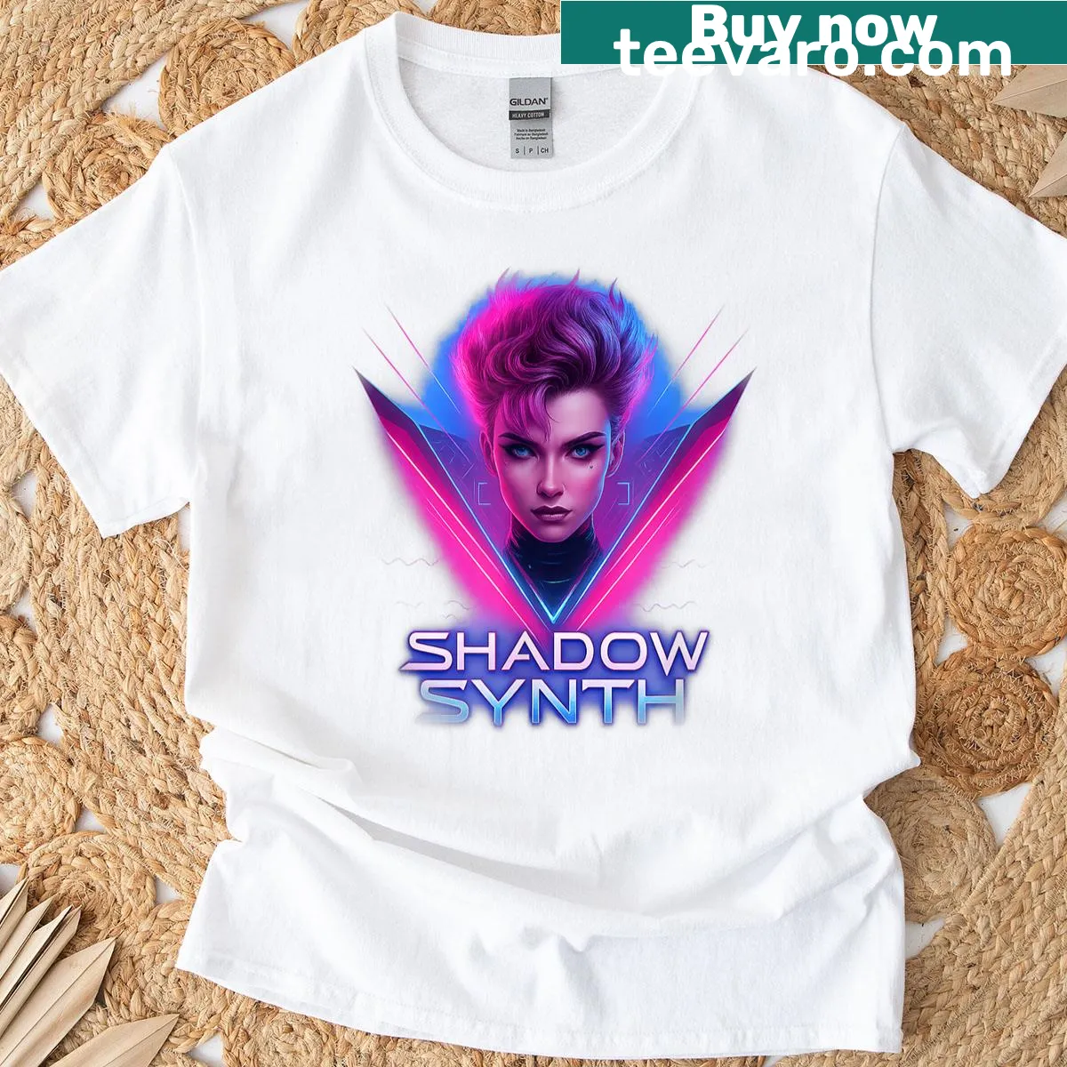 Cyberpunk girl t-shirt with synthwave style graphic — on a men's t-shirt