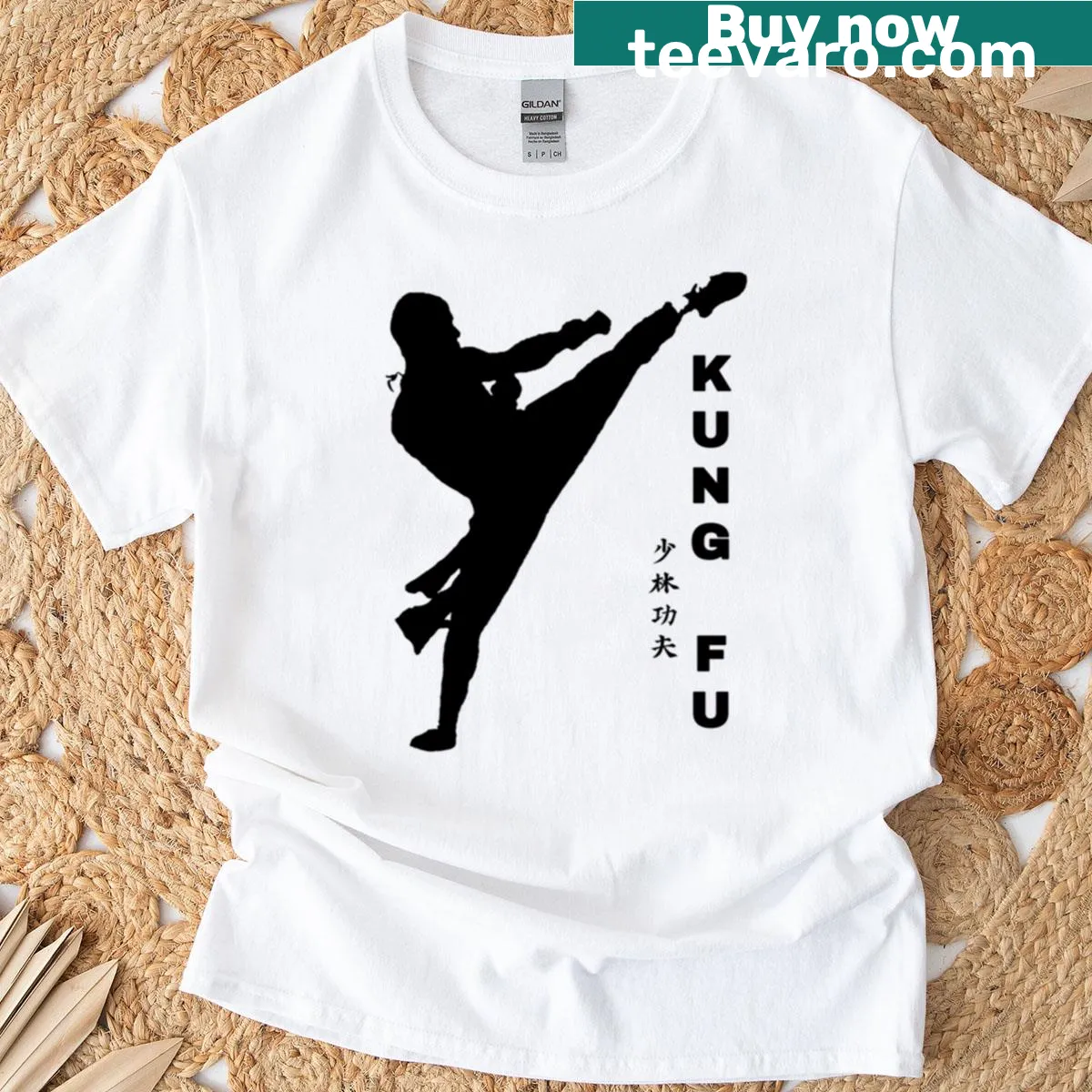 T-shirt featuring an illustration of a powerful kick from Shaolin Kung Fu — on a men's t-shirt