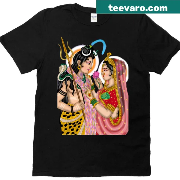 T-shirt featuring digital artwork of Shiva and Parvati in a divine marriage theme