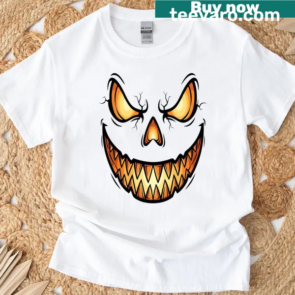 Eerie illustrated pumpkin face graphic for Halloween T-shirt