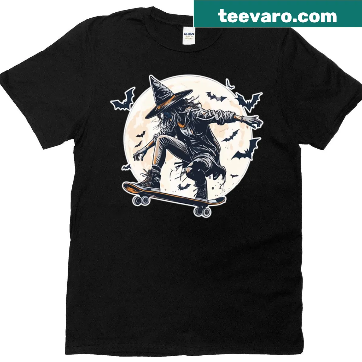 T-shirt depicting a skateboarding witch under a full moon with bats. — on a men's t-shirt
