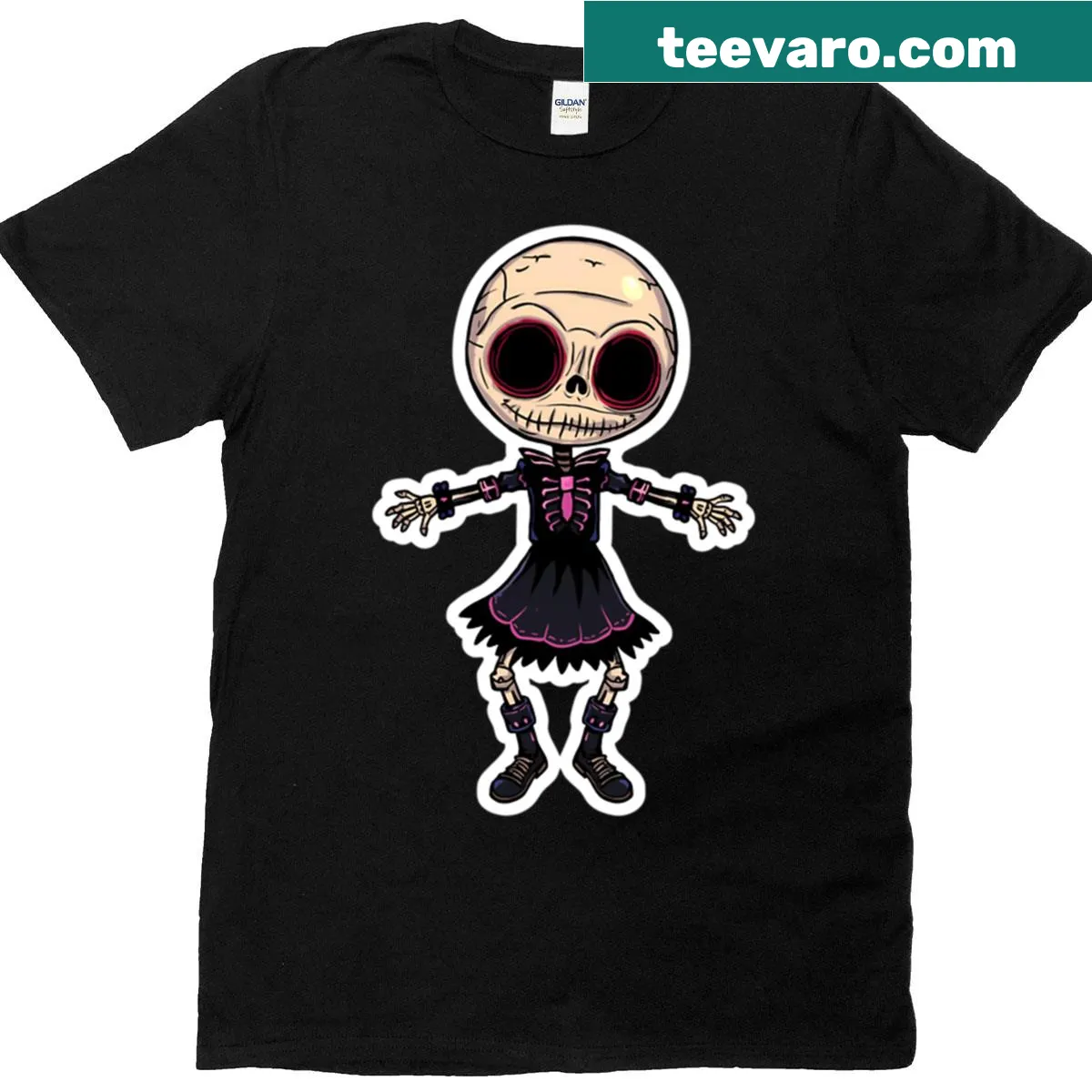 Cute T-shirt featuring a cartoon skeleton child character for Halloween. — on a men's t-shirt