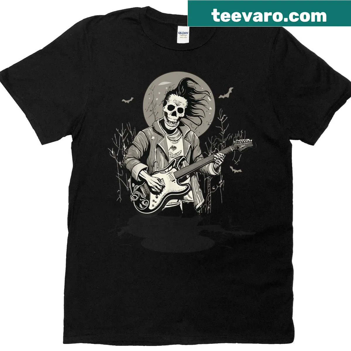 Whimsical skeleton playing guitar on vintage-style Halloween shirt — on a men's t-shirt