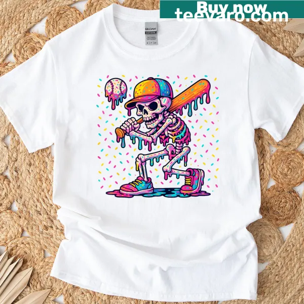 Cartoon skeleton playing baseball with a dripping design for kids