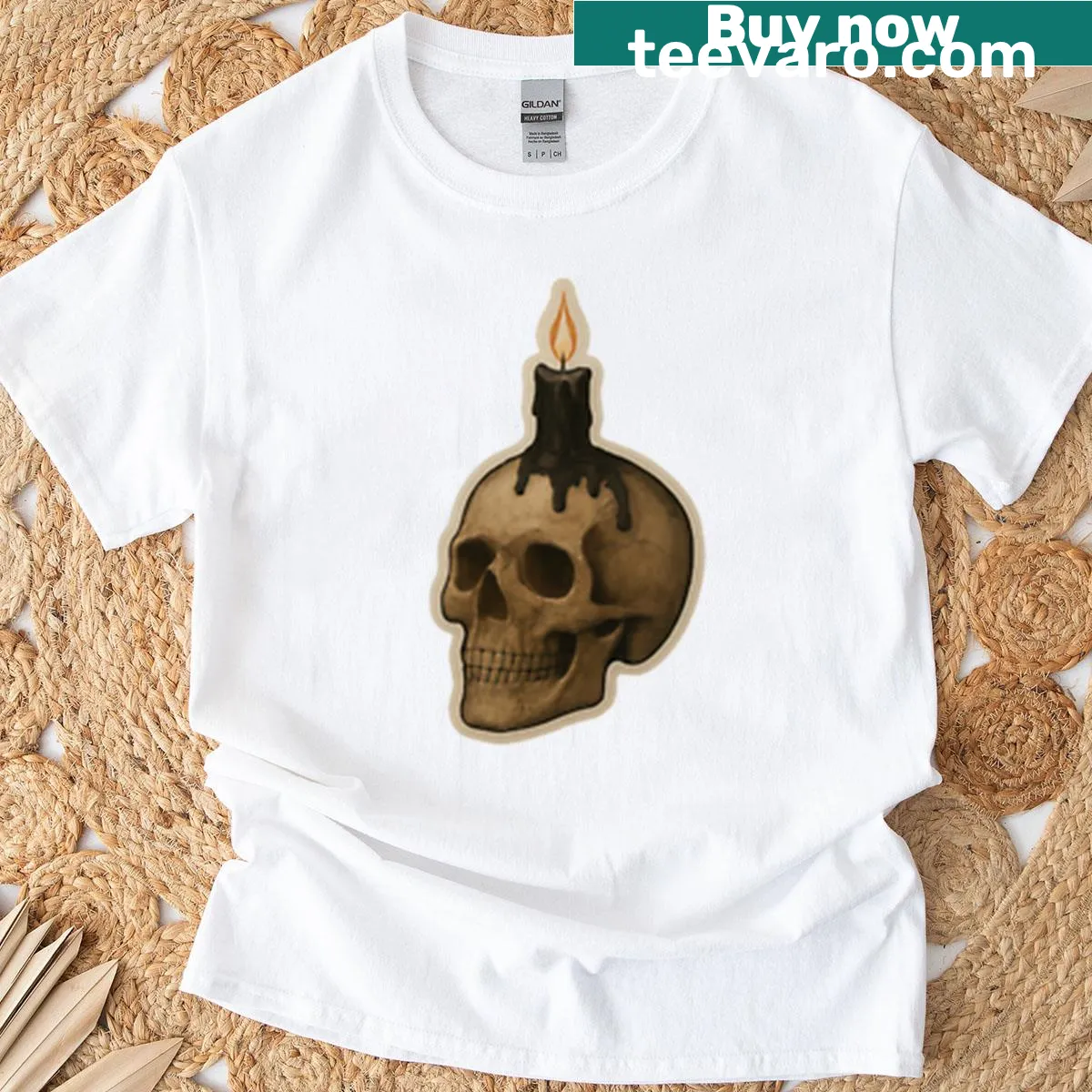 Skull with a black candle graphic Halloween T-shirt — on a men's t-shirt