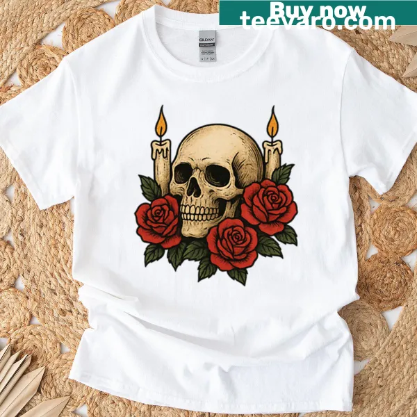 Gothic skull design with roses and candles on T-shirt