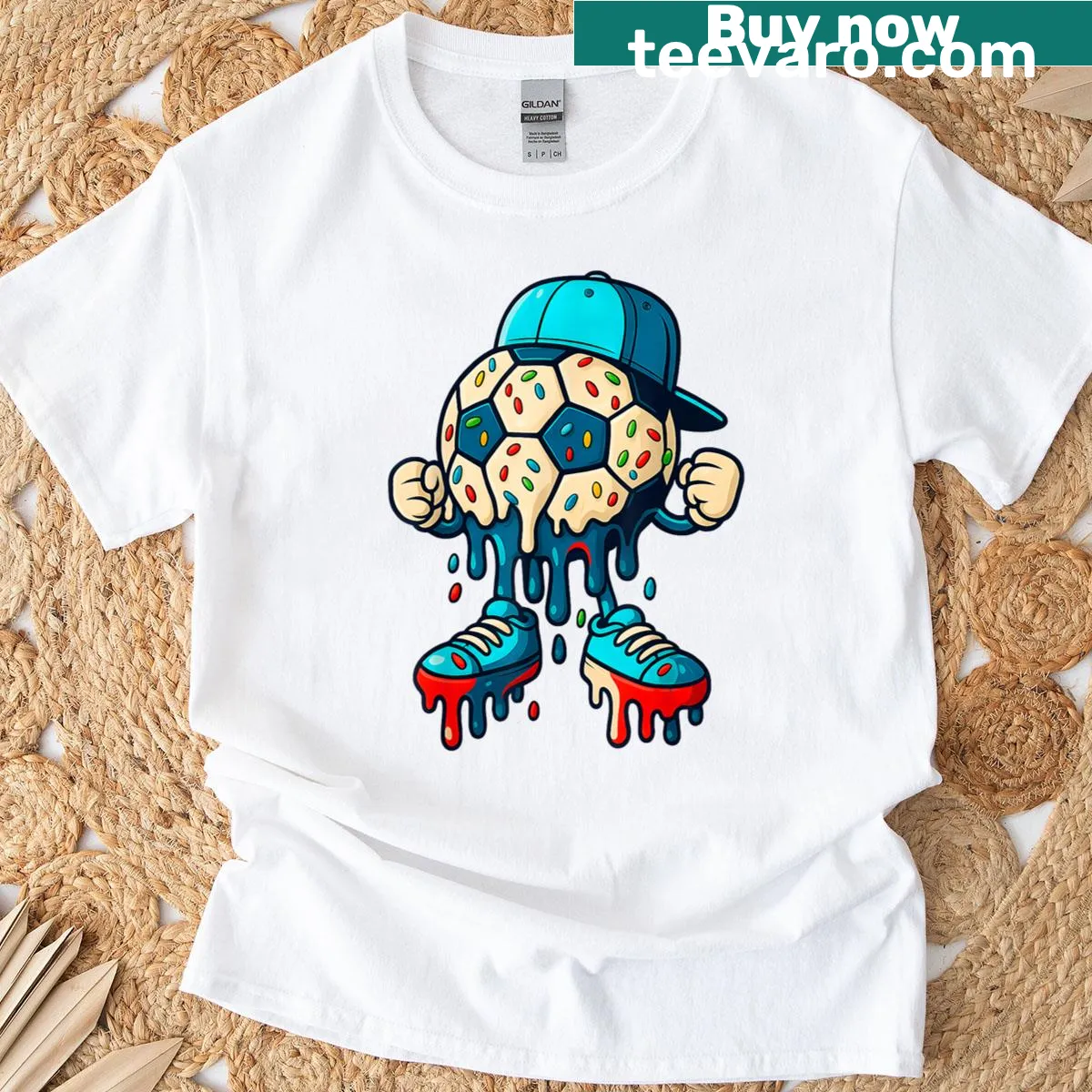 Playful soccer ball ice cream character t-shirt — on a men's t-shirt