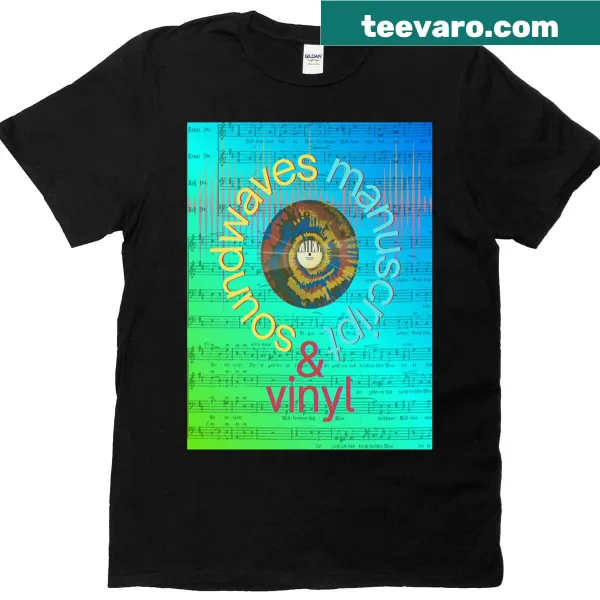 Vintage distressed t-shirt showcasing soundwaves and musical notes.