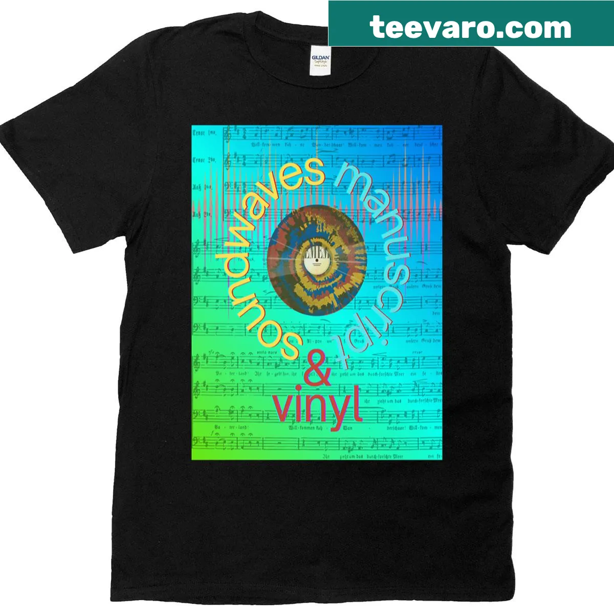 Vintage distressed t-shirt showcasing soundwaves and musical notes. — on a men's t-shirt