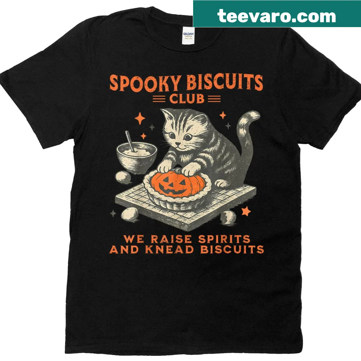 Fun baking-themed t-shirt with a cat and spooky message for baking lovers — on a men's t-shirt