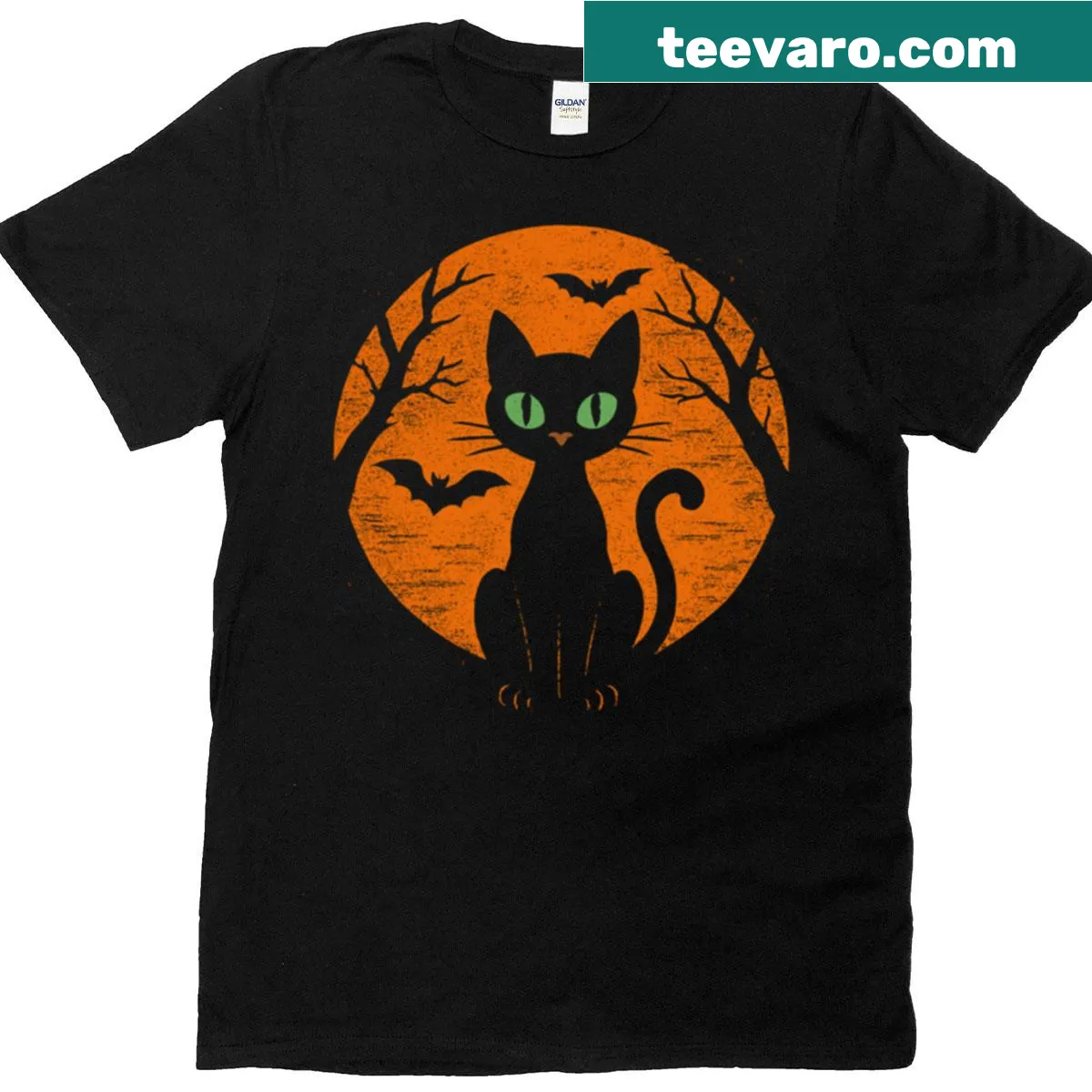 Illustration of a black cat, moon, bats, and trees for Halloween — on a men's t-shirt