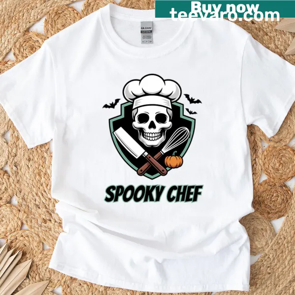 Funny skull chef graphic on a Halloween-themed t-shirt