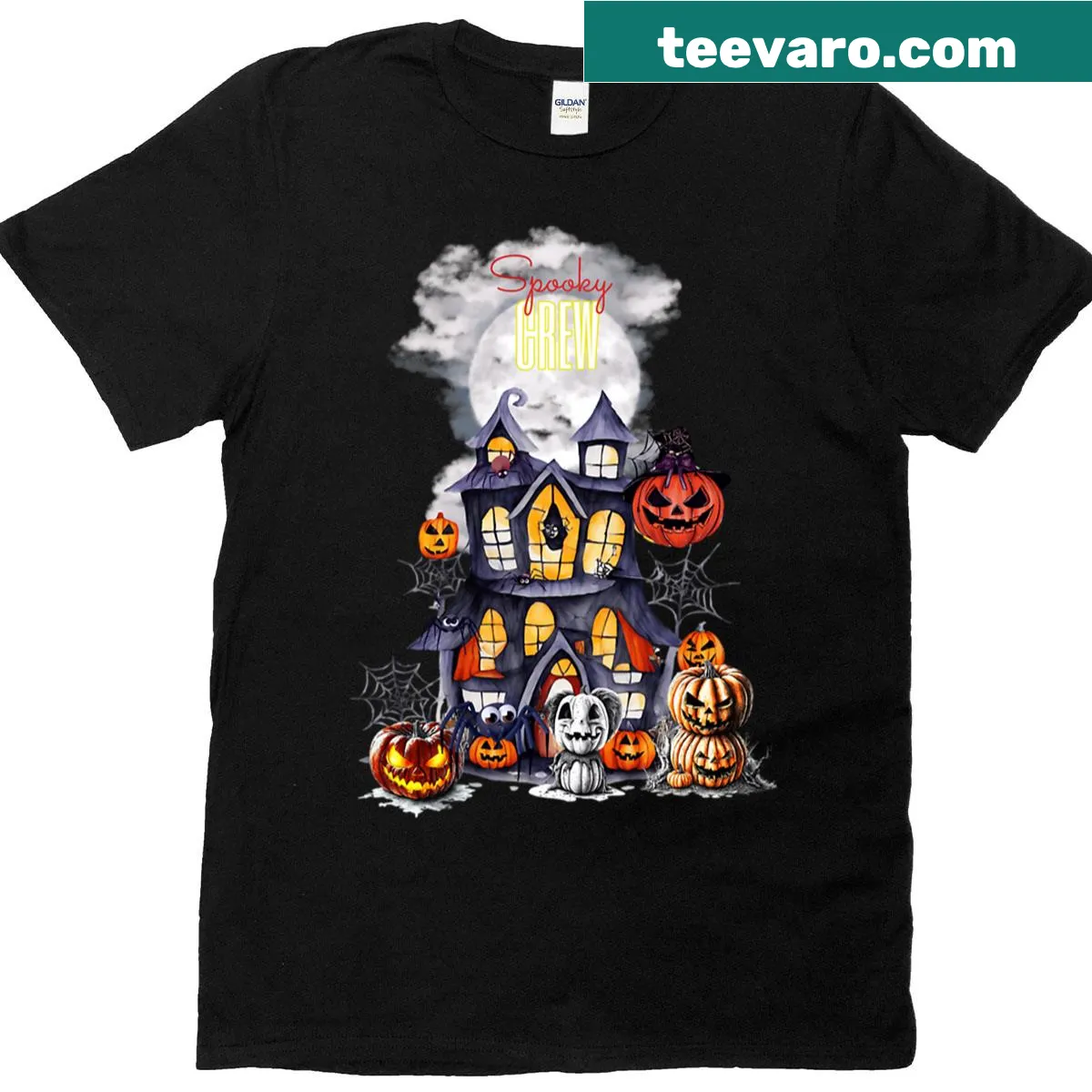 Cartoon-style t-shirt with a fun spooky crew theme — on a men's t-shirt