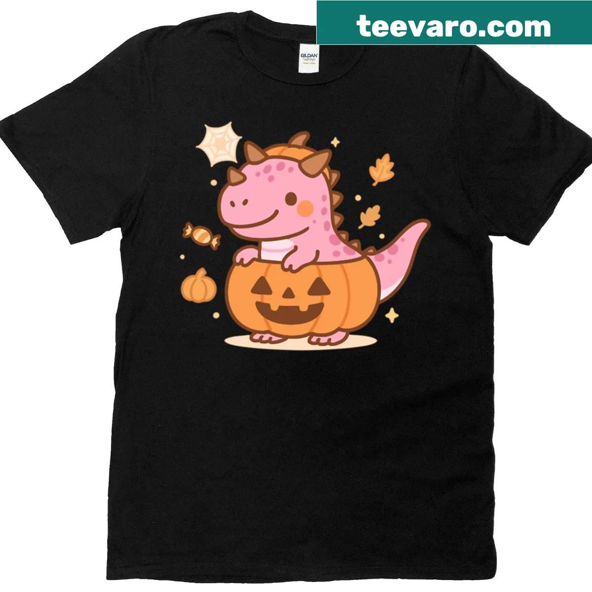 Oversized t-shirt with a cute Carnotaurus and pumpkins illustration — on a men's t-shirt