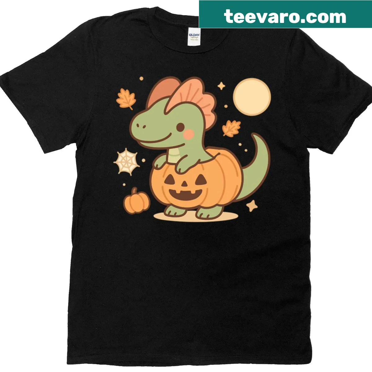Dilophosaurus with pumpkins graphic on a T-shirt. — on a men's t-shirt