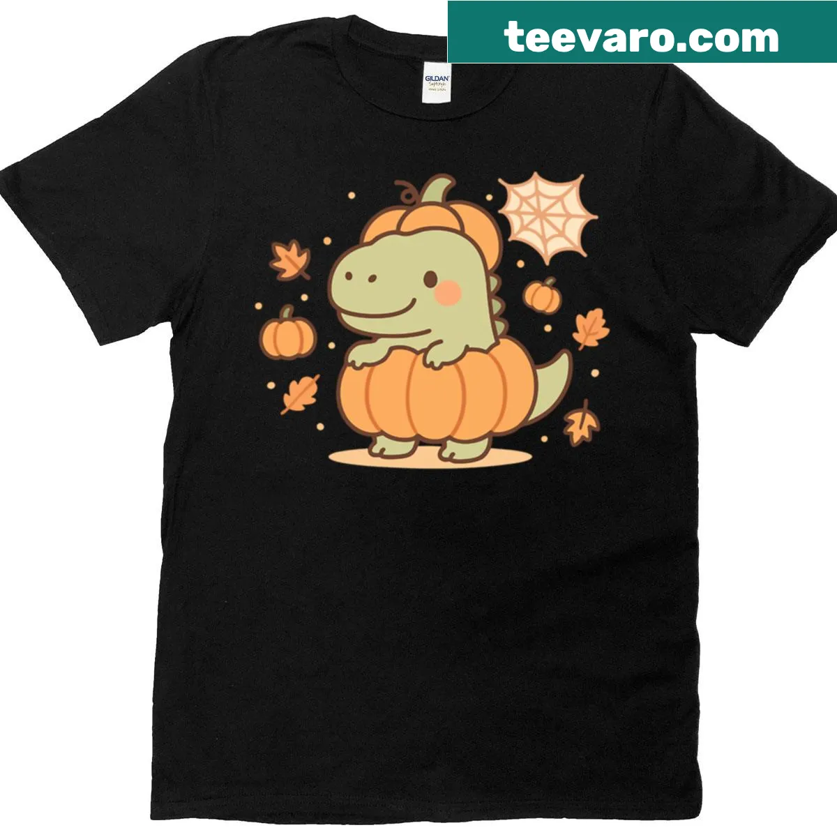 Oversized T-shirt depicting a cute T-rex with pumpkins for Halloween — on a men's t-shirt