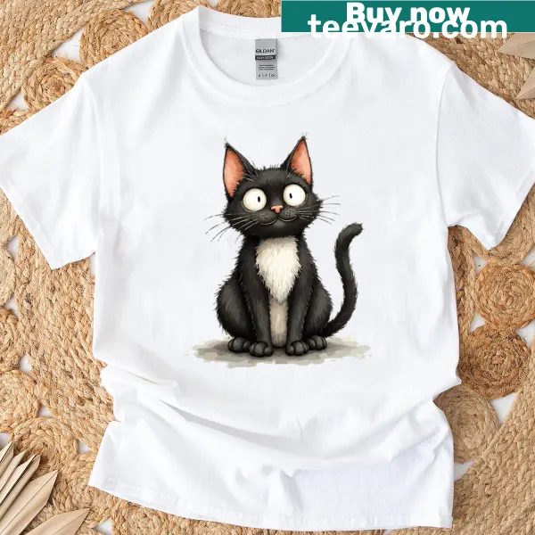 Cute black cat graphic T-shirt with mystical Halloween elements