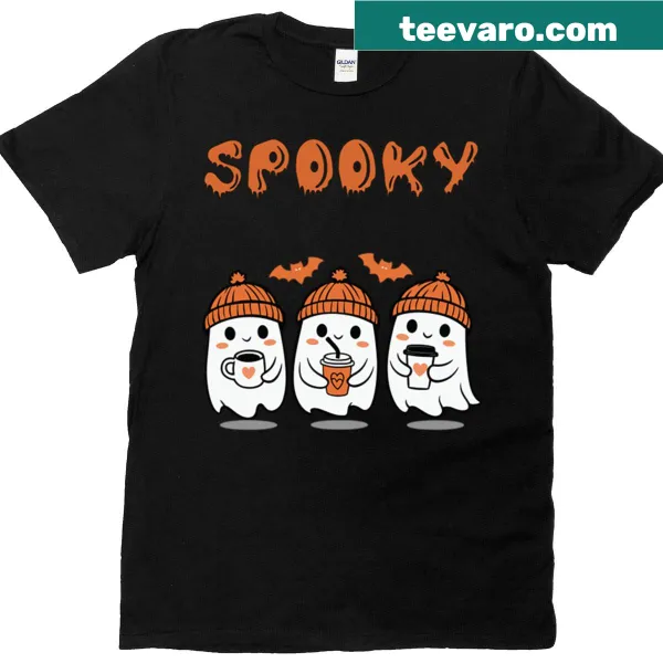 Three cute ghosts wearing hats in a Halloween-themed t-shirt