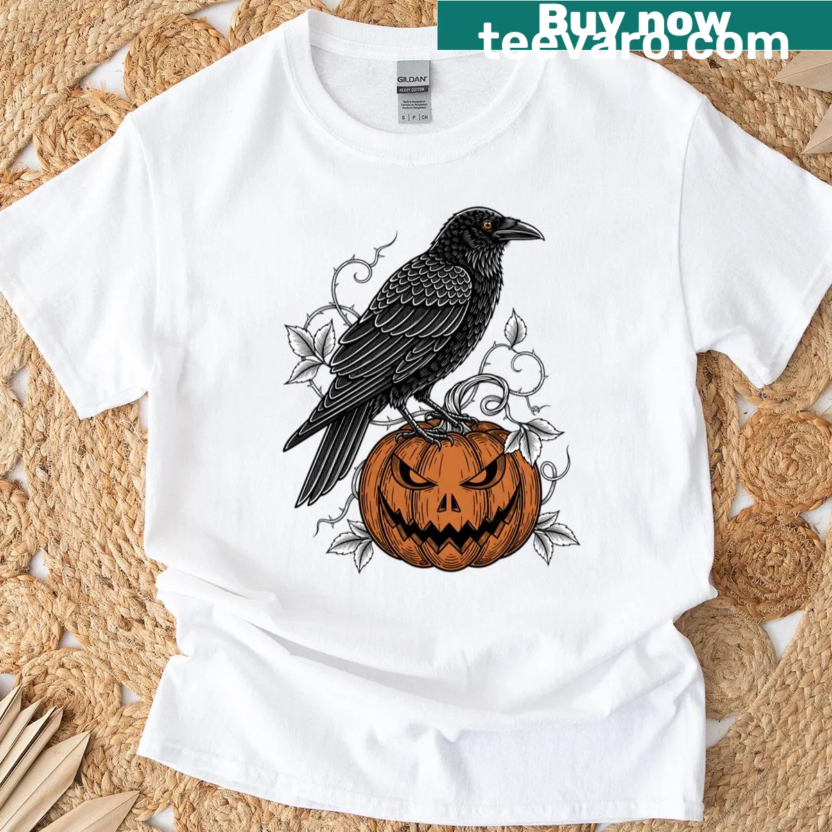 Raven on a jack-o-lantern Halloween T-shirt — on a men's t-shirt