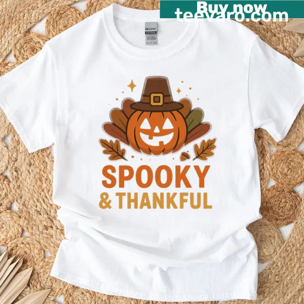 Oversized T-shirt with Halloween and Thanksgiving crossover design.