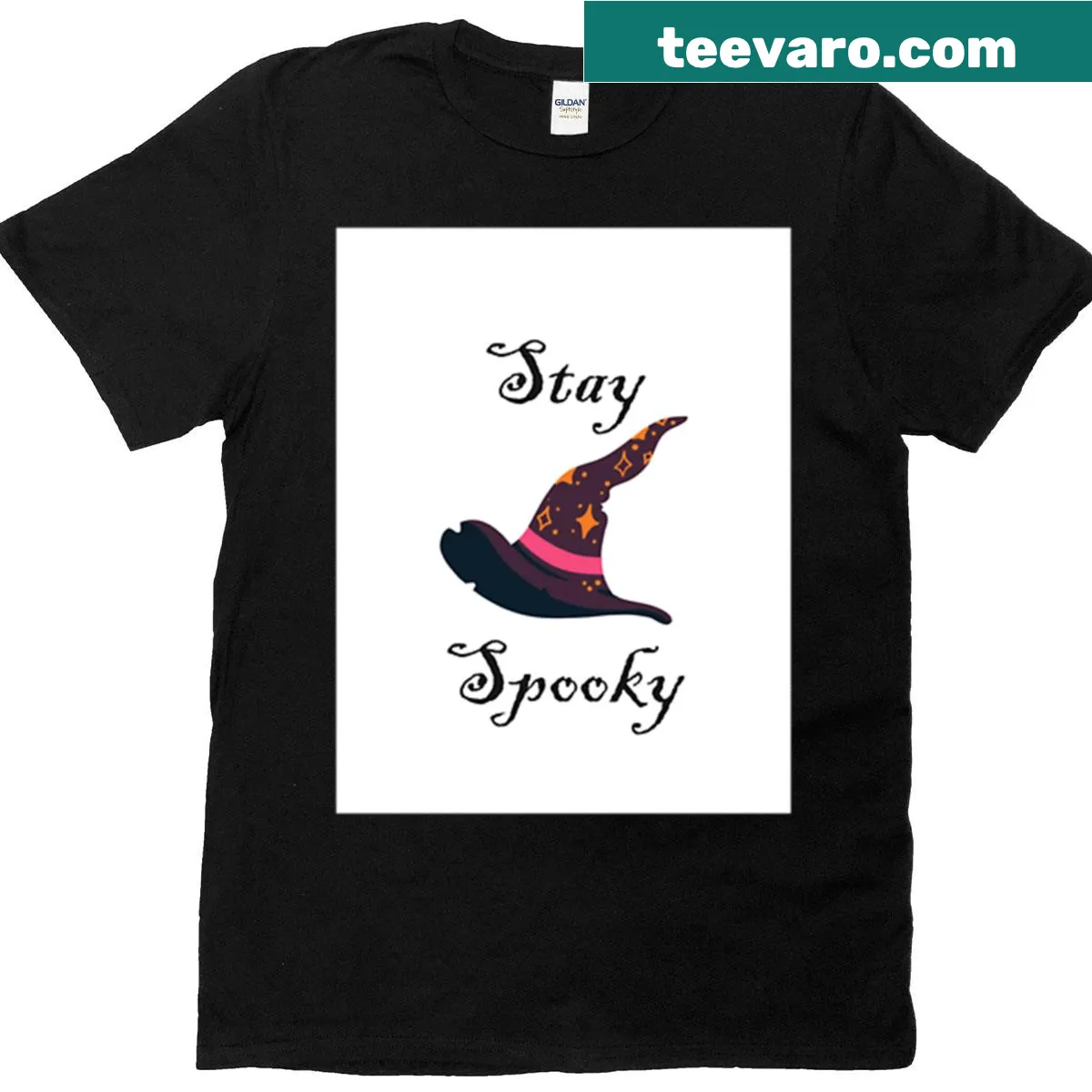 Cute cartoon witch hat design on Halloween-themed shirt — on a men's t-shirt