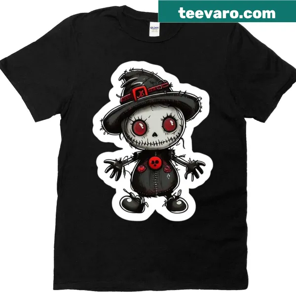 Cute Halloween T-shirt with a stitched skeleton doll illustration