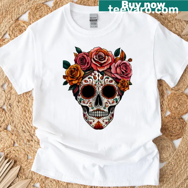 Sugar skull graphic celebrating Day of the Dead on a t-shirt