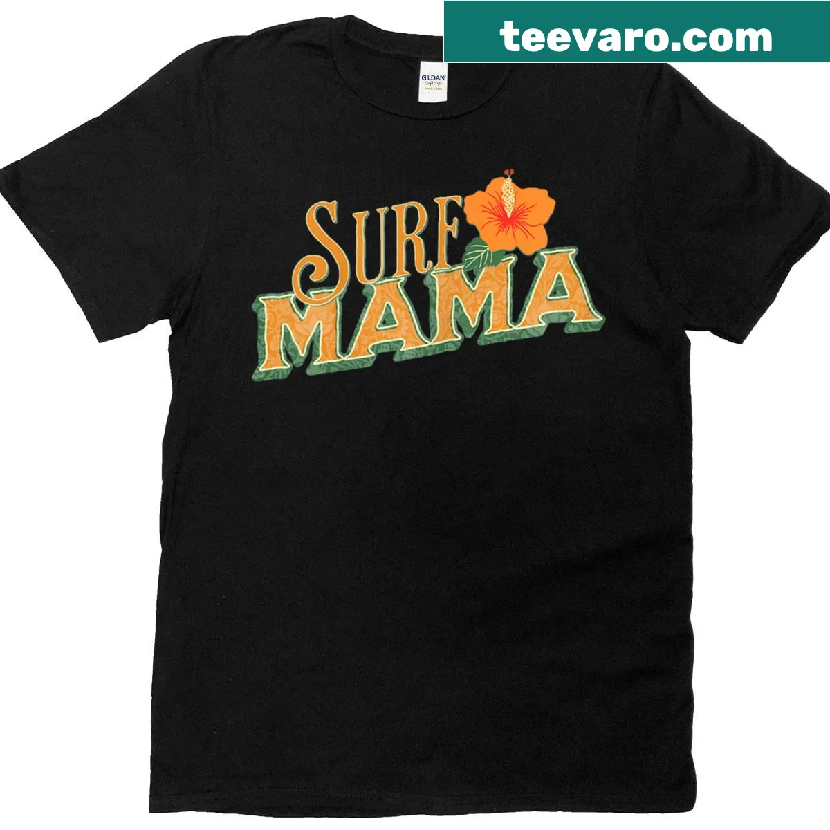 Cartoon-style Surf Mama shirt with flowers and beach theme — on a men's t-shirt