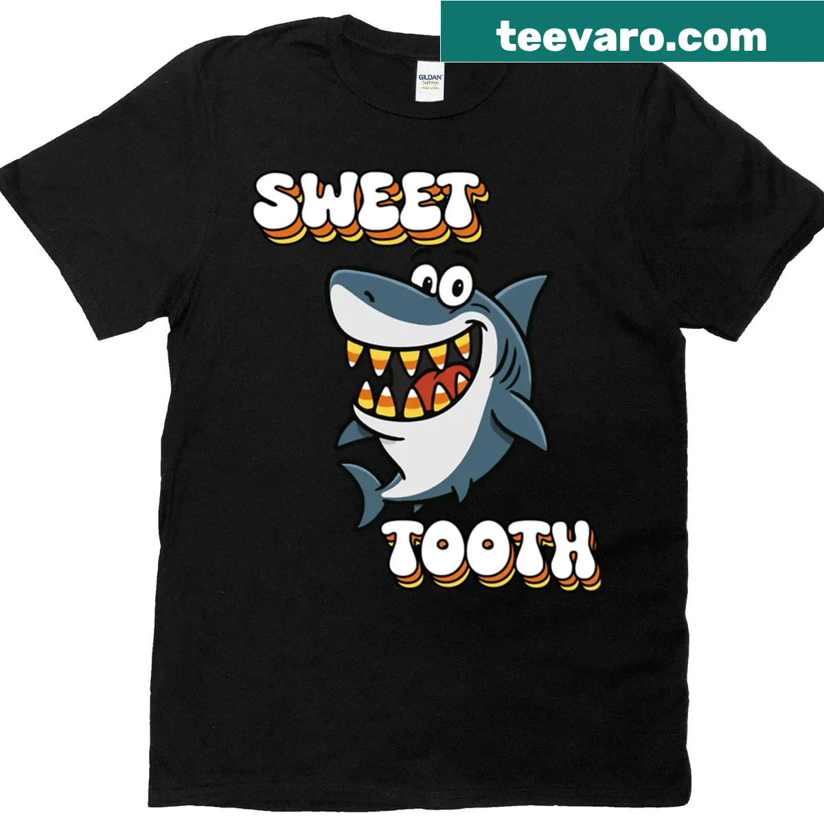 Playful oversized T-shirt with a candy corn shark illustration for Halloween. — on a men's t-shirt