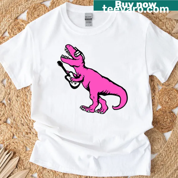 T-rex wearing sunglasses and playing electric guitar on a t-shirt