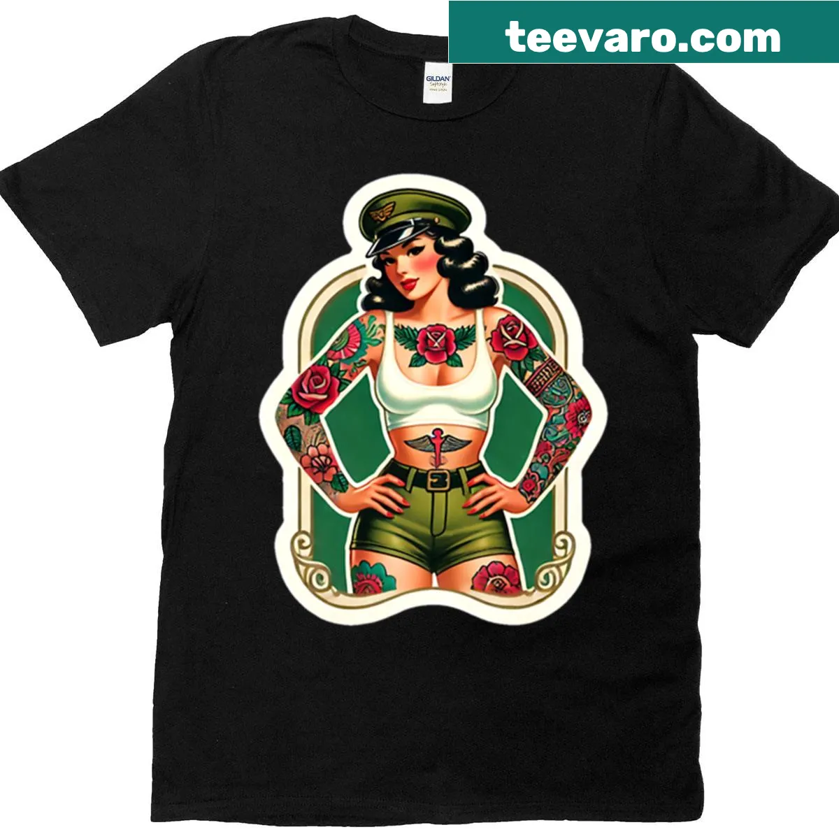 Vintage military pin-up girl design on a T-shirt with rockabilly style. — on a men's t-shirt
