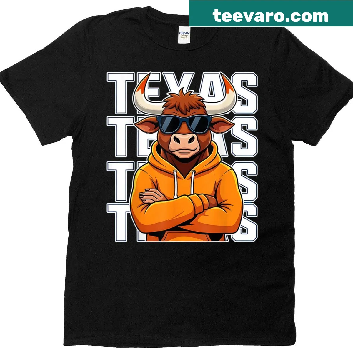 Cartoon graphic of a bull on a Texas-themed T-shirt for all ages — on a men's t-shirt