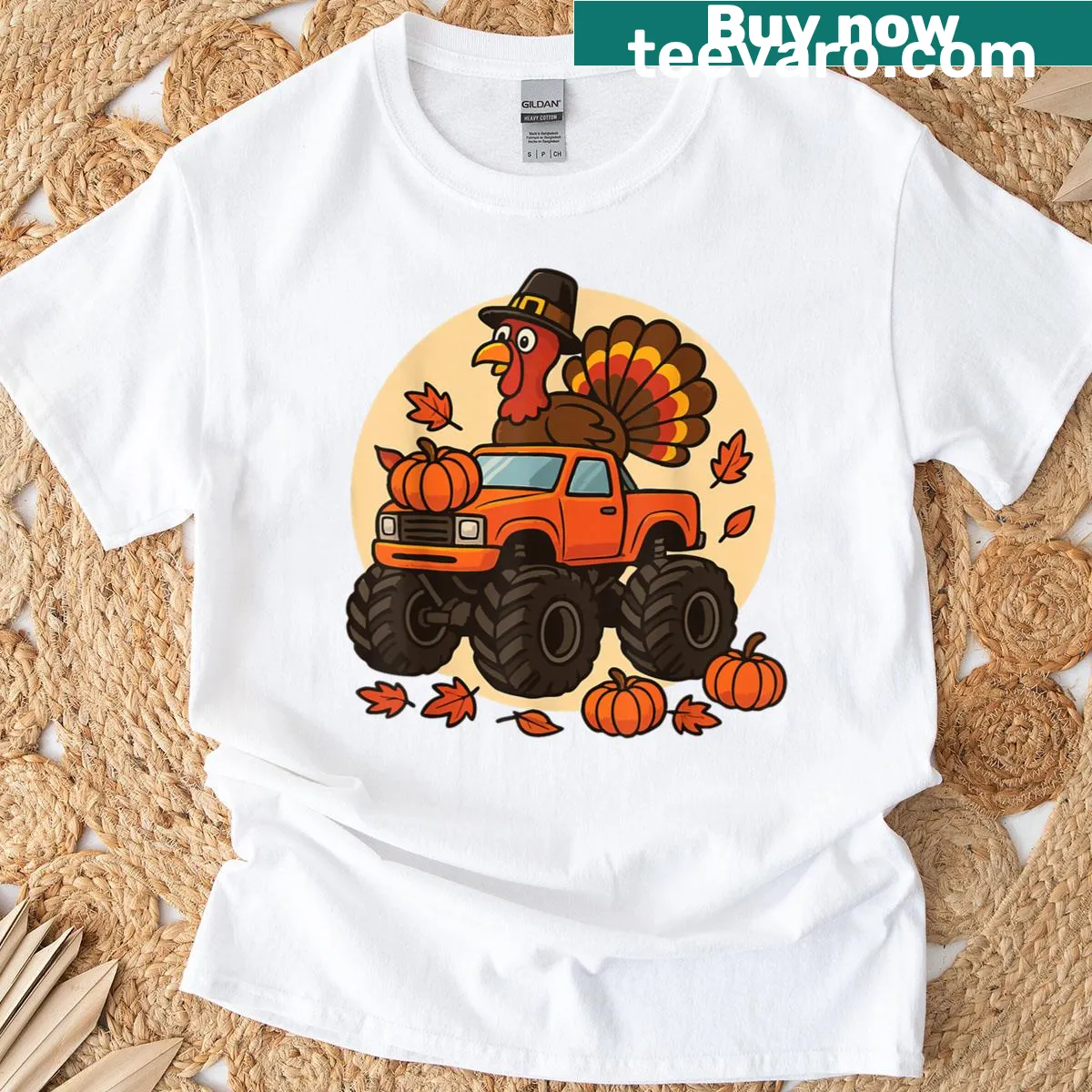 Cartoon turkey in a monster truck graphic T-shirt — on a men's t-shirt
