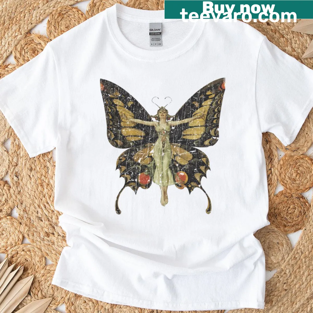 Art Nouveau butterfly design on a vintage-style T-shirt — on a men's t-shirt