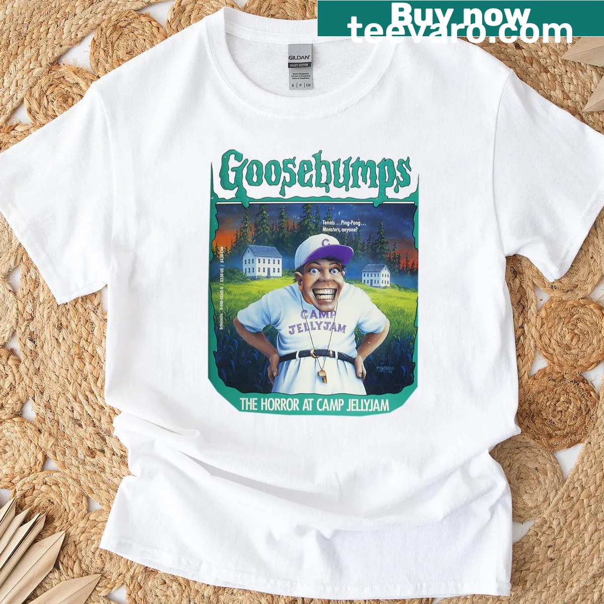 Chilling Camp Jellyjam horror graphic T-shirt — on a men's t-shirt