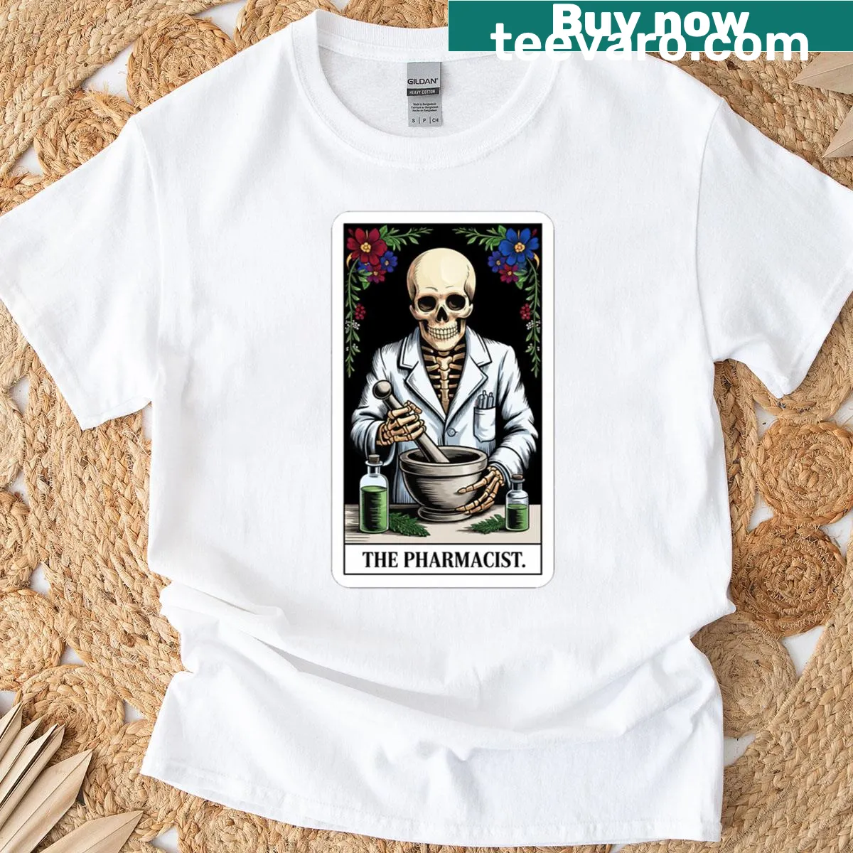 Skeleton pharmacist tarot card design T-shirt — on a men's t-shirt